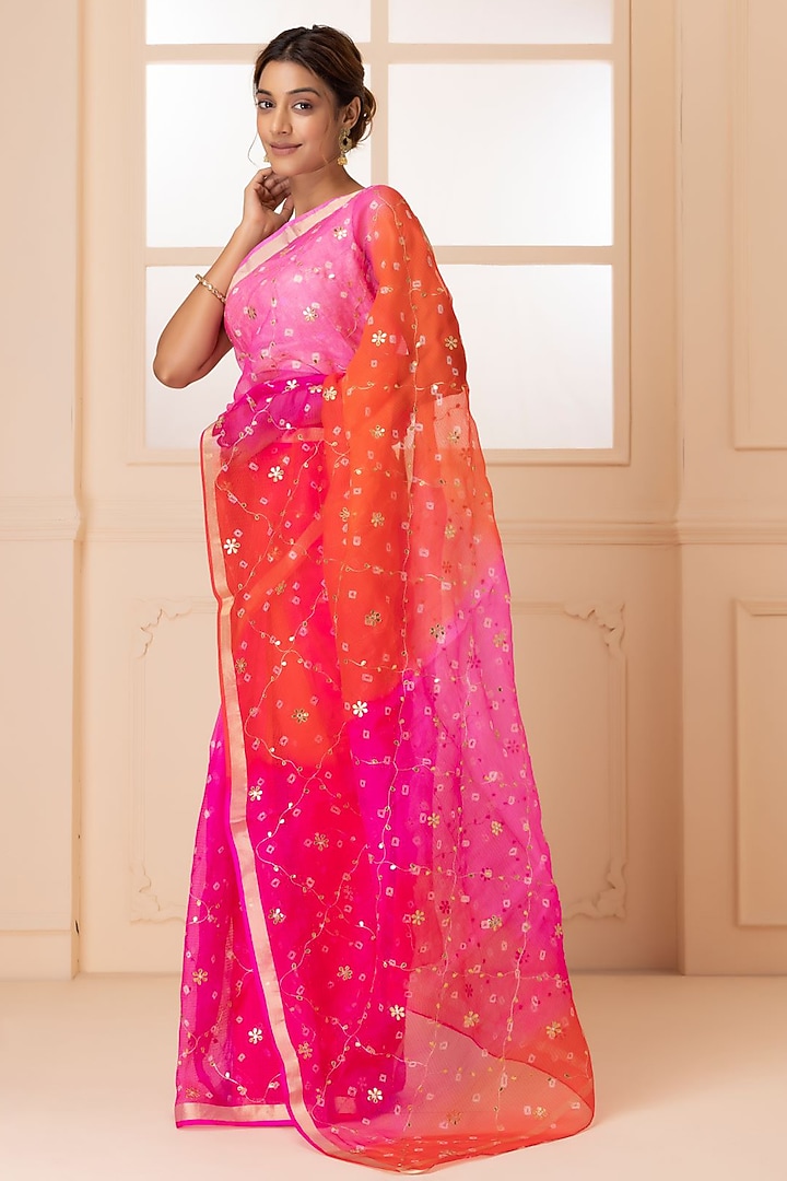 Red & Pink Kota Silk Bandhani & Zari Embroidered Wedding Saree Set by Geroo Jaipur at Pernia's Pop Up Shop