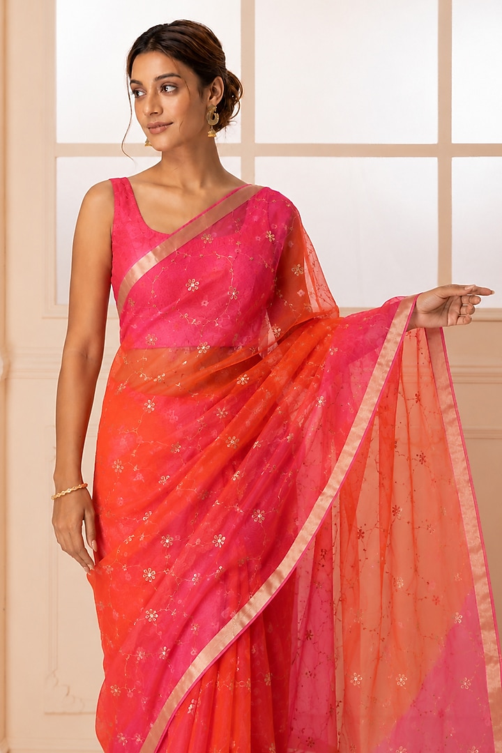Red & Pink Kota Silk Bandhani & Zari Embroidered Wedding Saree Set by Geroo Jaipur at Pernia's Pop Up Shop