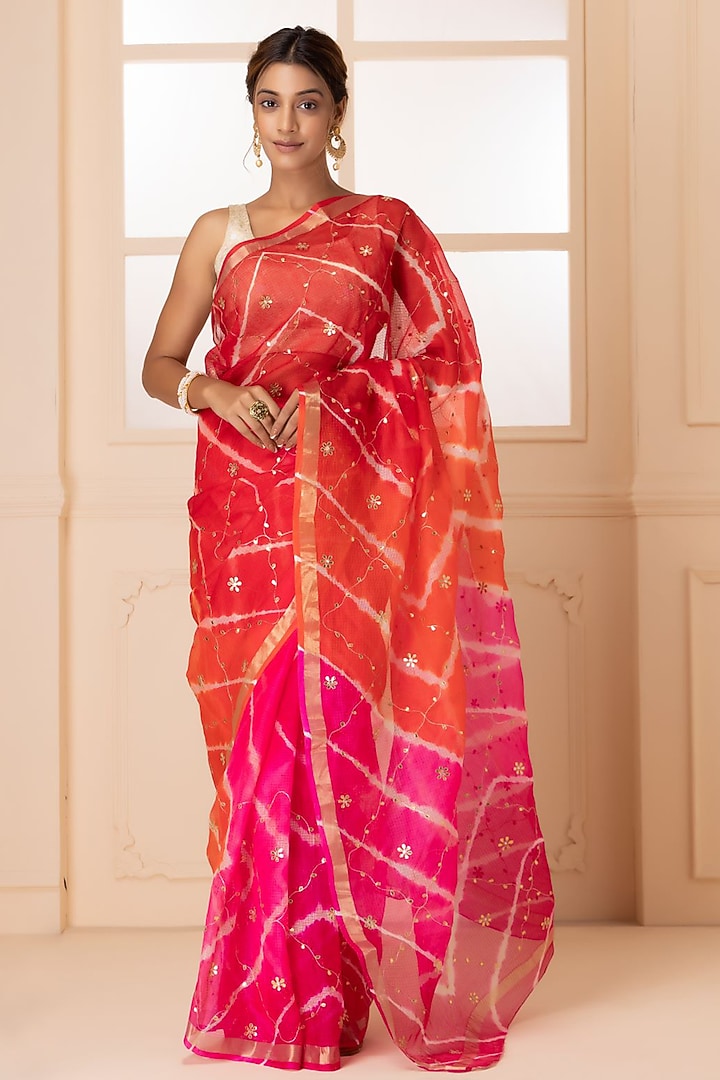 Pink & Orange Kota Silk Bandhani & Zari Embroidered Wedding Saree Set by Geroo Jaipur at Pernia's Pop Up Shop