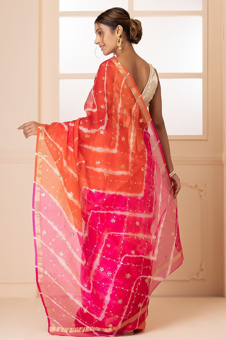 Pink & Orange Kota Silk Bandhani & Zari Embroidered Wedding Saree Set by Geroo Jaipur at Pernia's Pop Up Shop