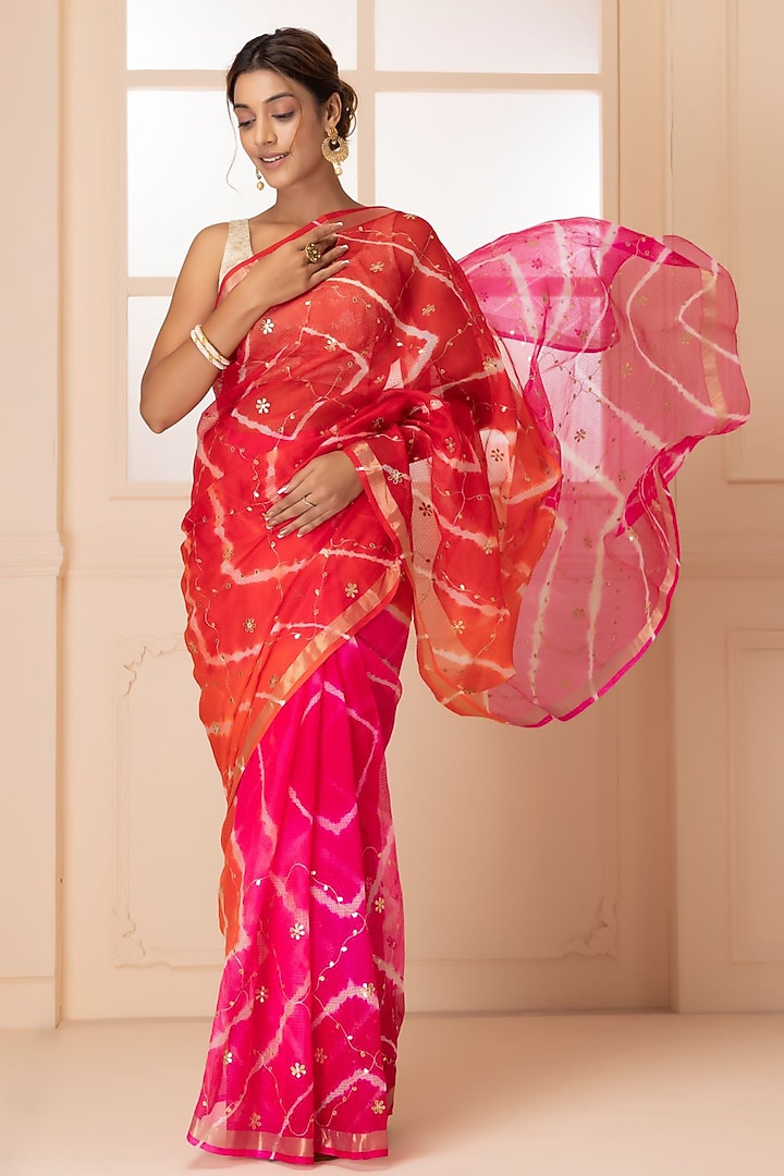 Pink & Orange Kota Silk Bandhani & Zari Embroidered Wedding Saree Set by Geroo Jaipur at Pernia's Pop Up Shop