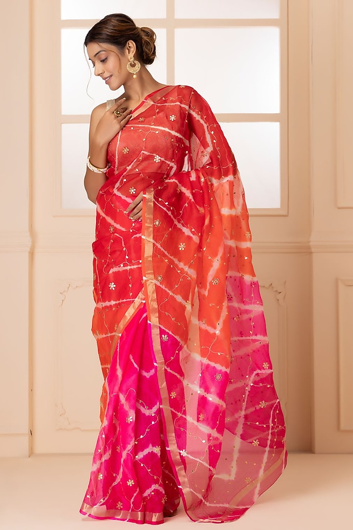 Pink & Orange Kota Silk Bandhani & Zari Embroidered Wedding Saree Set by Geroo Jaipur at Pernia's Pop Up Shop