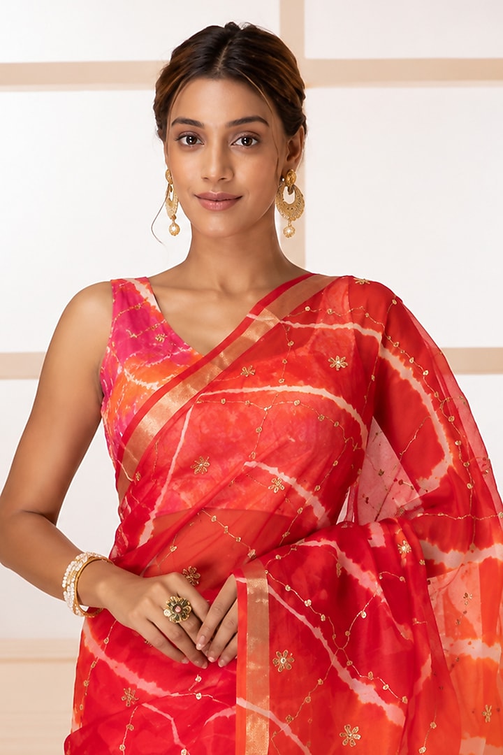 Pink & Orange Kota Silk Bandhani & Zari Embroidered Wedding Saree Set by Geroo Jaipur at Pernia's Pop Up Shop