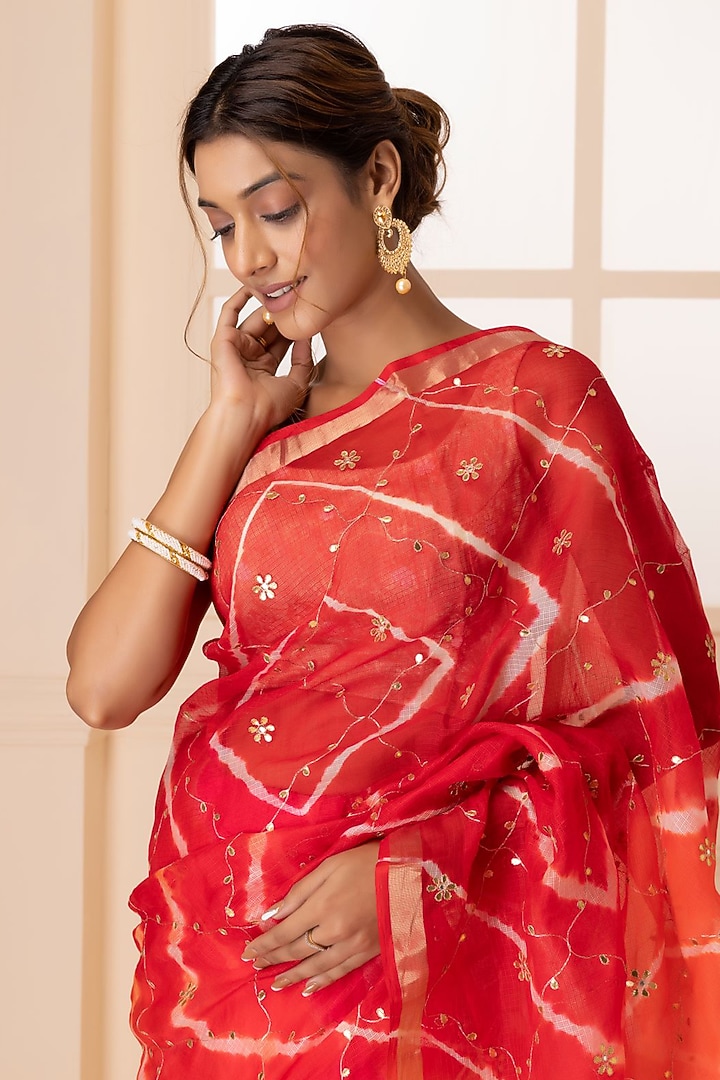 Pink & Orange Kota Silk Bandhani & Zari Embroidered Wedding Saree Set by Geroo Jaipur at Pernia's Pop Up Shop