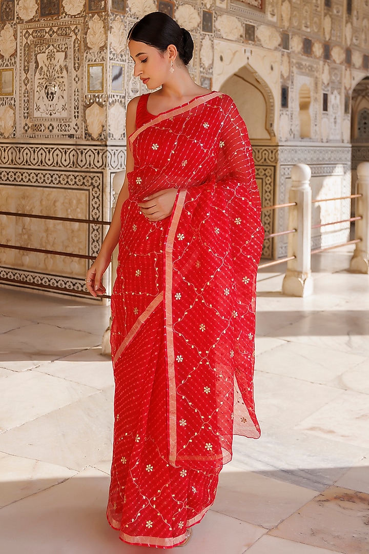 Red Kota Silk Gota Patti Hand Embroidered Wedding Saree Set by Geroo Jaipur at Pernia's Pop Up Shop