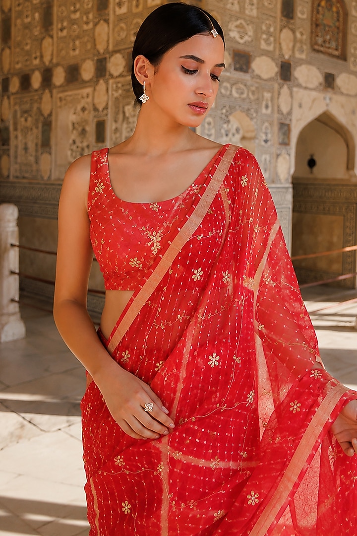 Red Kota Silk Gota Patti Hand Embroidered Wedding Saree Set by Geroo Jaipur at Pernia's Pop Up Shop