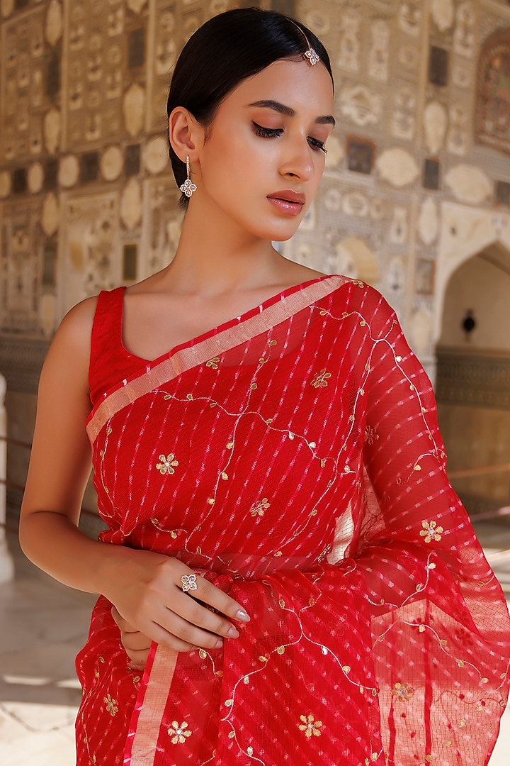 Red Kota Silk Gota Patti Hand Embroidered Wedding Saree Set by Geroo Jaipur at Pernia's Pop Up Shop