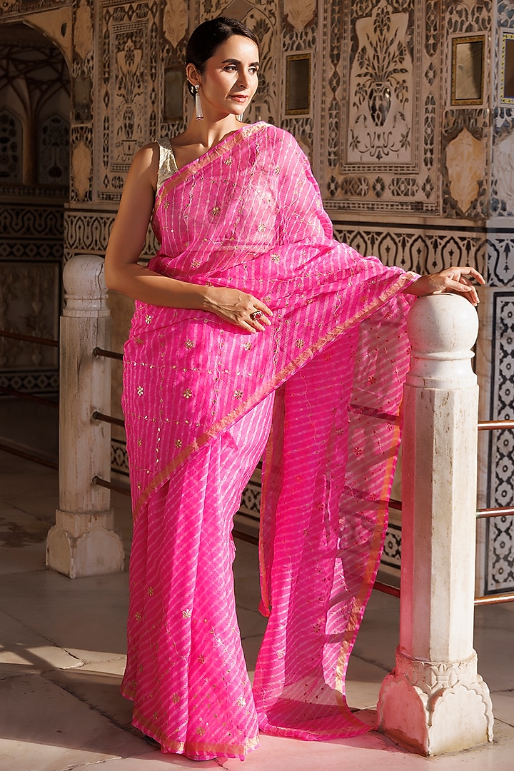 Pink Kota Silk Gota Patti Hand Embroidered Wedding Saree Set by Geroo Jaipur at Pernia's Pop Up Shop