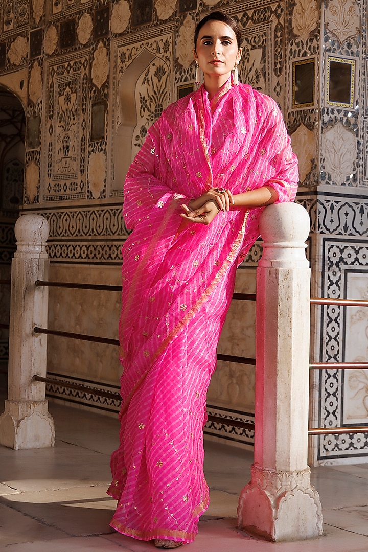Pink Kota Silk Gota Patti Hand Embroidered Wedding Saree Set by Geroo Jaipur at Pernia's Pop Up Shop