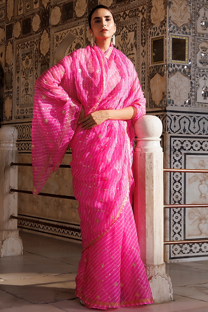 Pink Kota Silk Gota Patti Hand Embroidered Wedding Saree Set by Geroo Jaipur at Pernia's Pop Up Shop