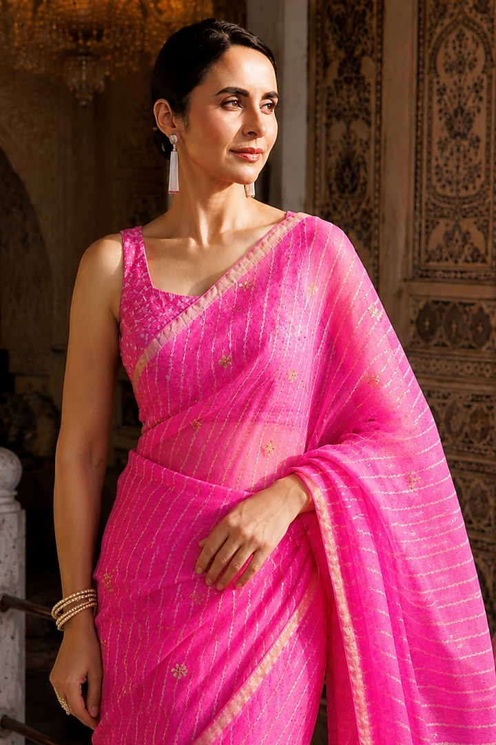 Pink Kota Silk Gota Patti Hand Embroidered Wedding Saree Set by Geroo Jaipur at Pernia's Pop Up Shop