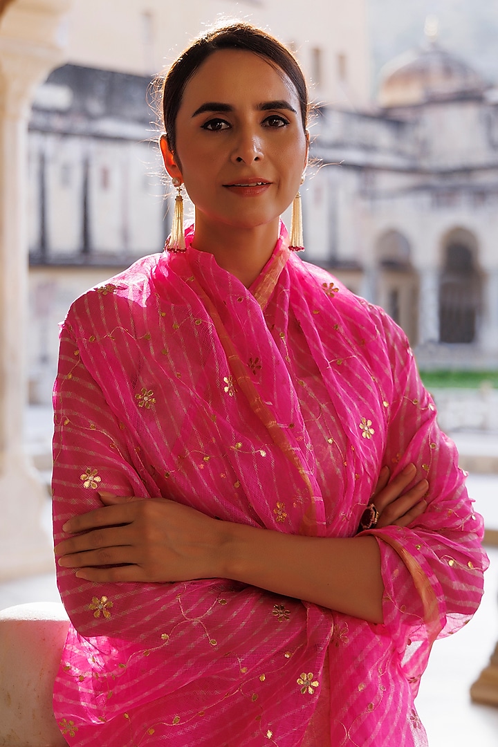 Pink Kota Silk Gota Patti Hand Embroidered Wedding Saree Set by Geroo Jaipur at Pernia's Pop Up Shop