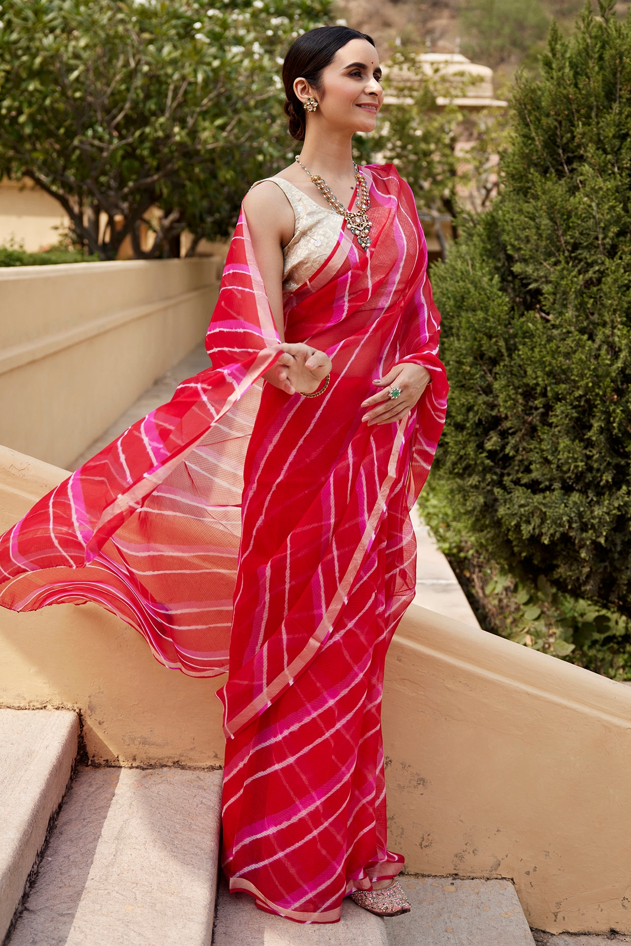 Geroo Jaipur Red & Pink Kota Silk Hand-Dyed Leheriya Saree Set