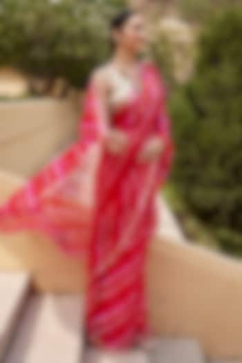 Red & Pink Kota Silk Hand-Dyed Leheriya Party Wear Saree Set by Geroo Jaipur at Pernia's Pop Up Shop