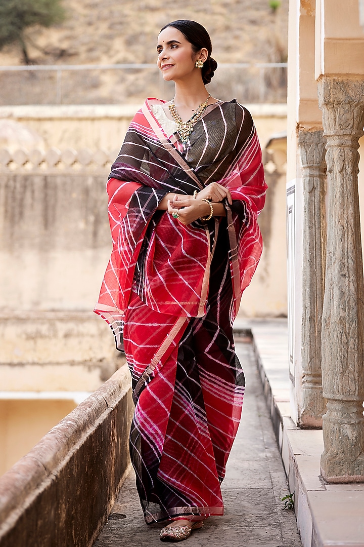 Red & Black Kota Silk Leheriya Party Wear Saree Set by Geroo Jaipur at Pernia's Pop Up Shop