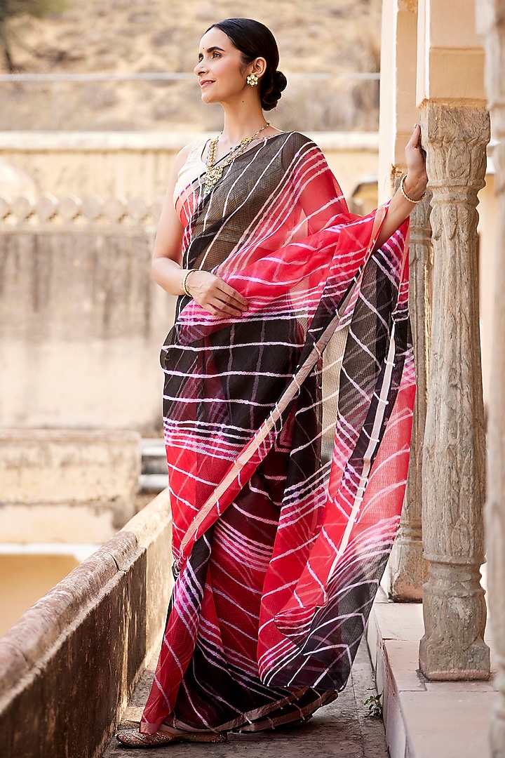 Red & Black Kota Silk Leheriya Party Wear Saree Set by Geroo Jaipur at Pernia's Pop Up Shop