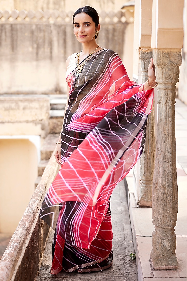 Red & Black Kota Silk Leheriya Party Wear Saree Set by Geroo Jaipur at Pernia's Pop Up Shop