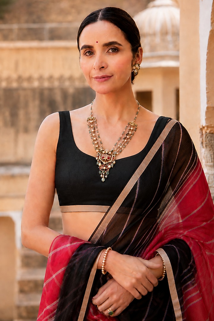 Red & Black Kota Silk Leheriya Party Wear Saree Set by Geroo Jaipur at Pernia's Pop Up Shop