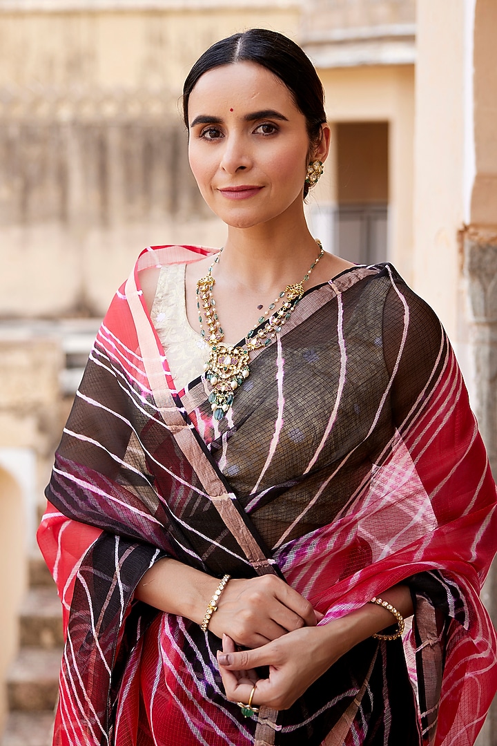 Red & Black Kota Silk Leheriya Party Wear Saree Set by Geroo Jaipur at Pernia's Pop Up Shop
