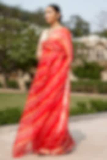 Red Orange Kota Silk Leheriya Party Wear Saree Set by Geroo Jaipur at Pernia's Pop Up Shop