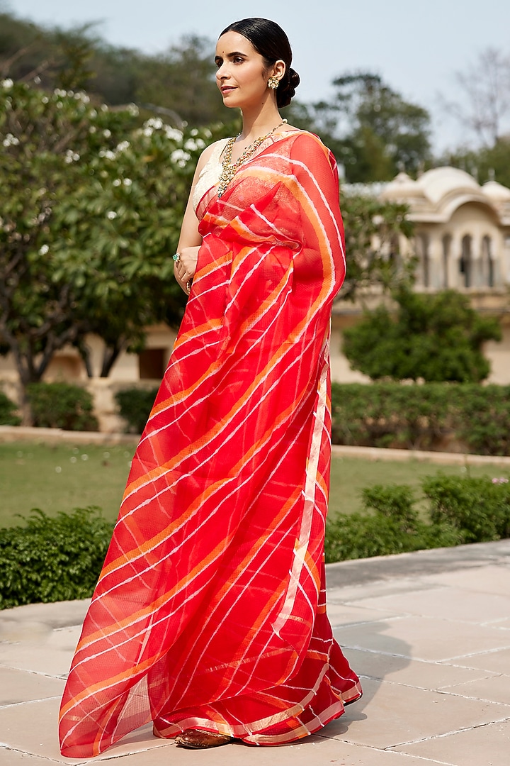 Red Orange Kota Silk Leheriya Party Wear Saree Set by Geroo Jaipur at Pernia's Pop Up Shop