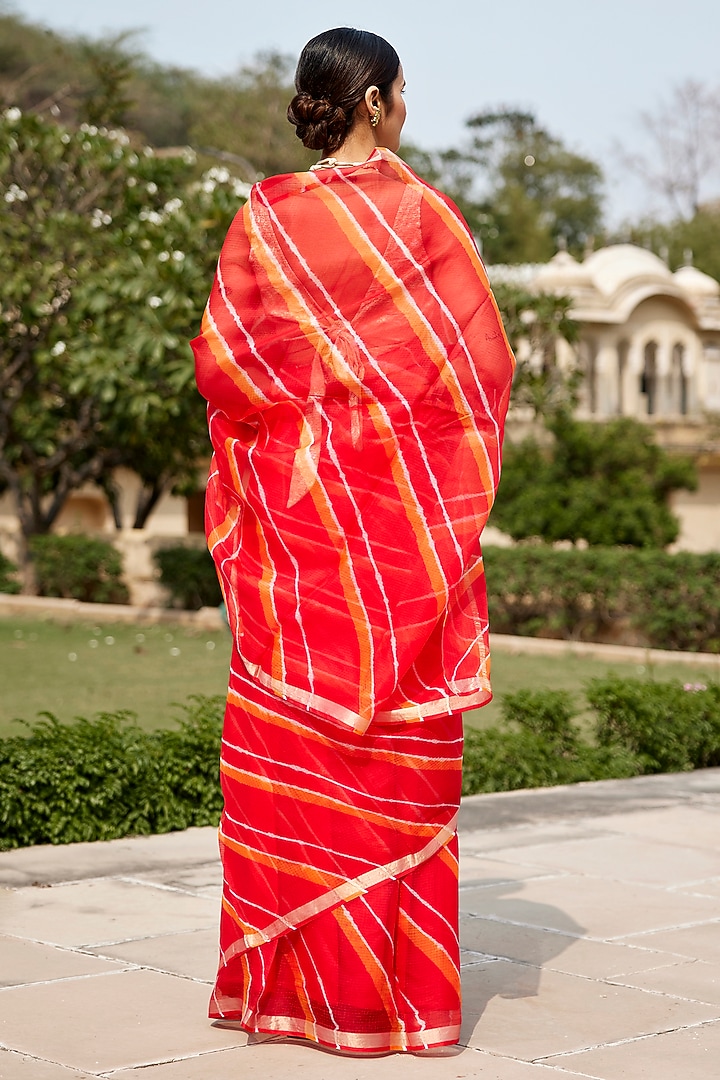 Red Orange Kota Silk Leheriya Party Wear Saree Set by Geroo Jaipur at Pernia's Pop Up Shop
