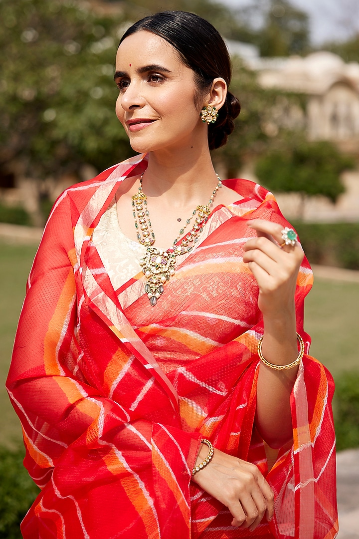 Red Orange Kota Silk Leheriya Party Wear Saree Set by Geroo Jaipur at Pernia's Pop Up Shop