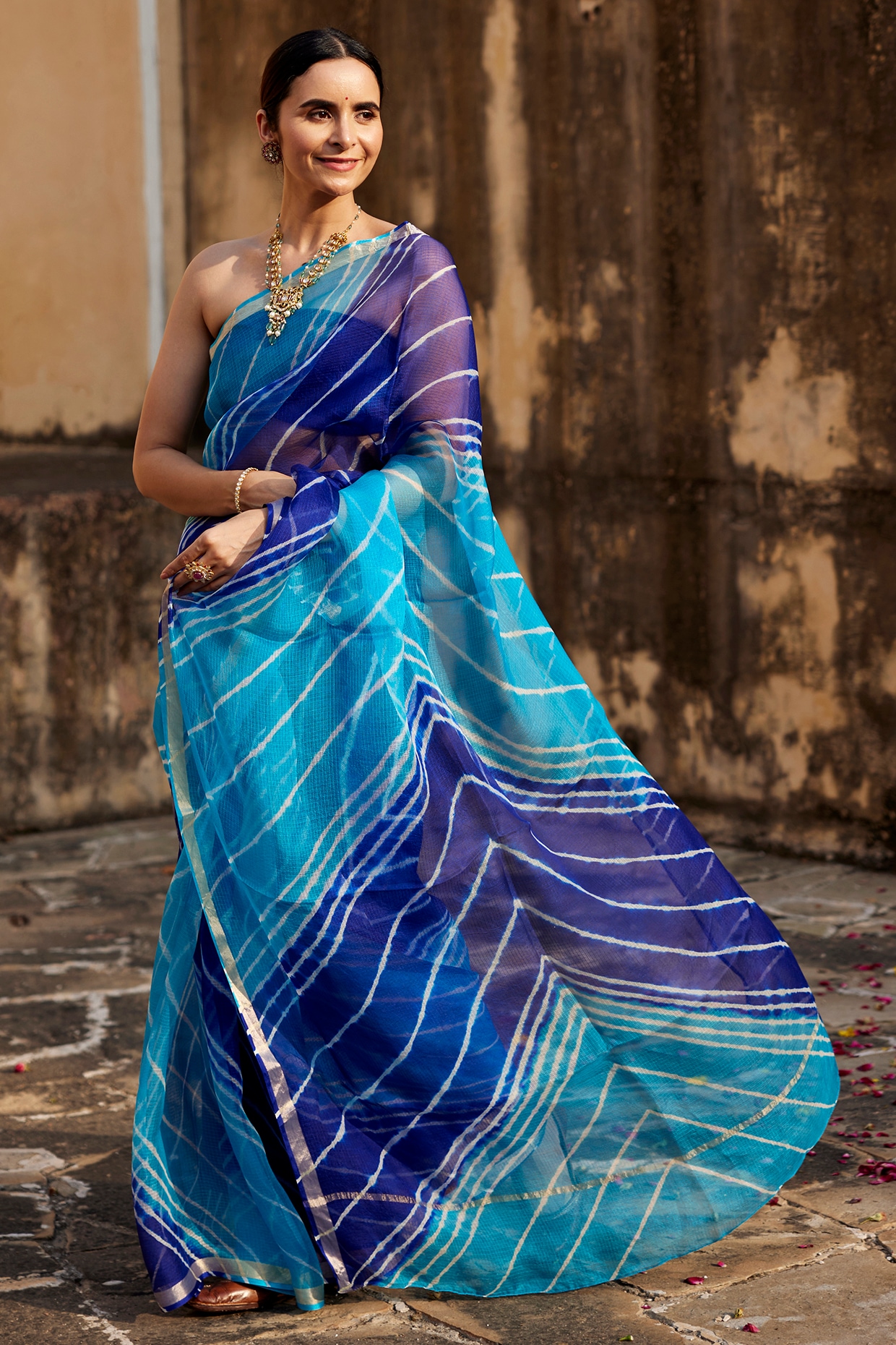 Geroo Jaipur Turquoise Blue Kota Silk Leheriya Saree Set