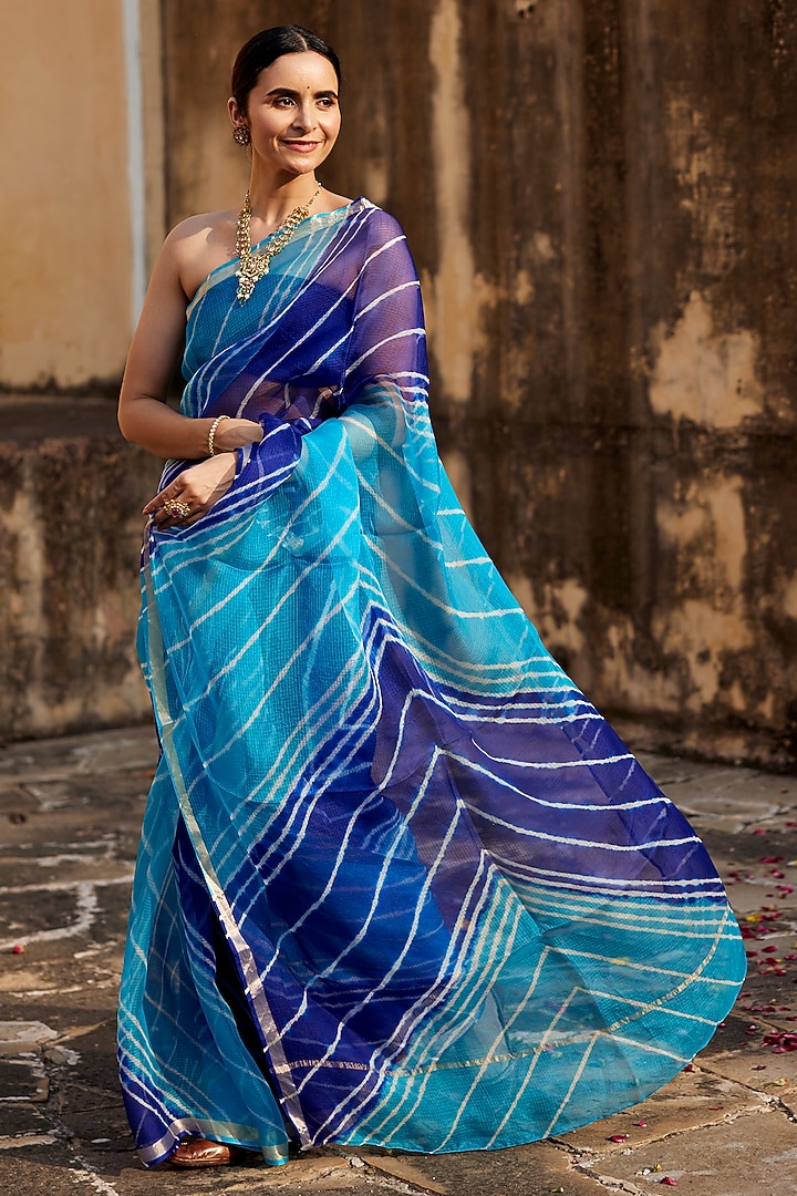 Turquoise Blue Kota Silk Leheriya Party Wear Saree Set by Geroo Jaipur at Pernia's Pop Up Shop