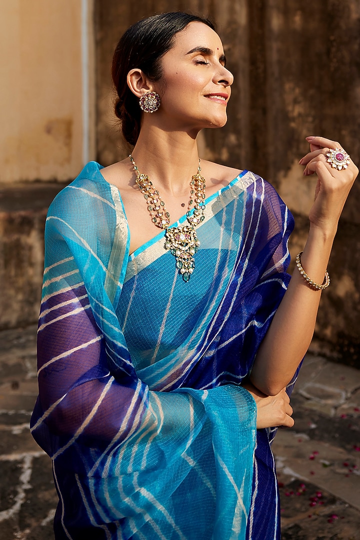 Turquoise Blue Kota Silk Leheriya Party Wear Saree Set by Geroo Jaipur at Pernia's Pop Up Shop