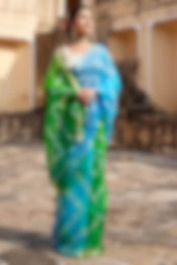Turquoise Blue-Green Kota Silk Leheriya Party Wear Saree Set by Geroo Jaipur at Pernia's Pop Up Shop