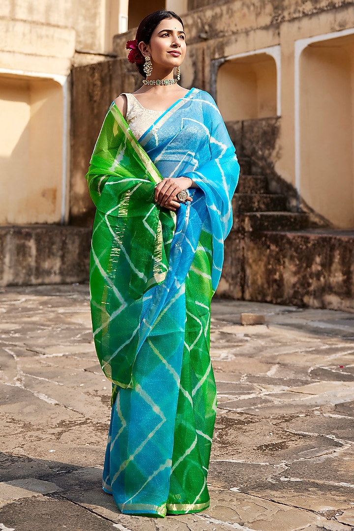 Turquoise Blue-Green Kota Silk Leheriya Party Wear Saree Set by Geroo Jaipur at Pernia's Pop Up Shop