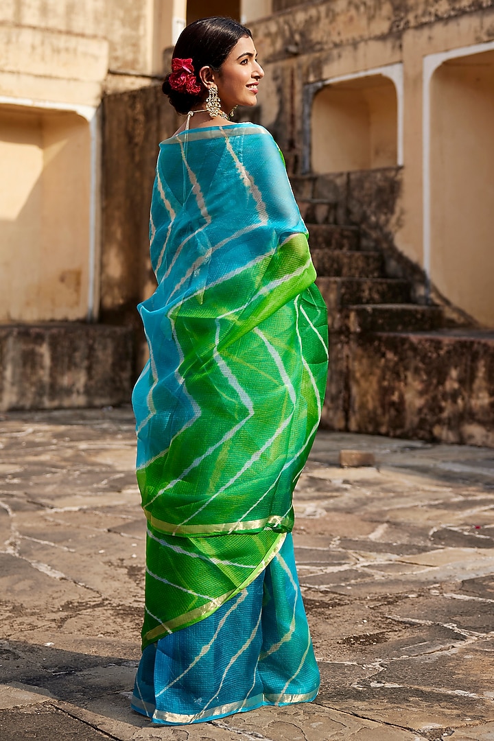 Turquoise Blue-Green Kota Silk Leheriya Party Wear Saree Set by Geroo Jaipur at Pernia's Pop Up Shop