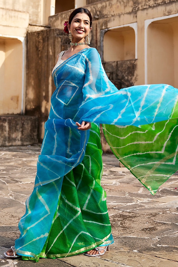 Turquoise Blue-Green Kota Silk Leheriya Party Wear Saree Set by Geroo Jaipur at Pernia's Pop Up Shop