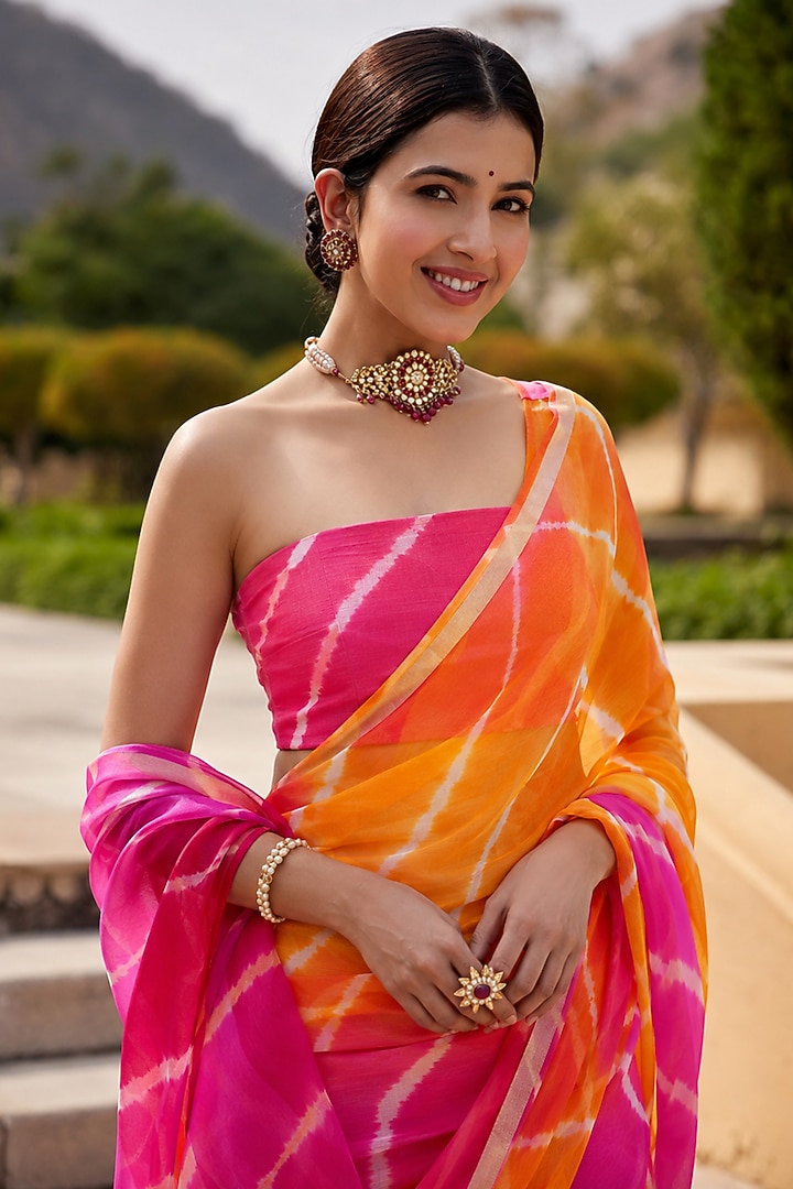 Multi-Colored Kota Silk Leheriya Party Wear Saree Set by Geroo Jaipur at Pernia's Pop Up Shop