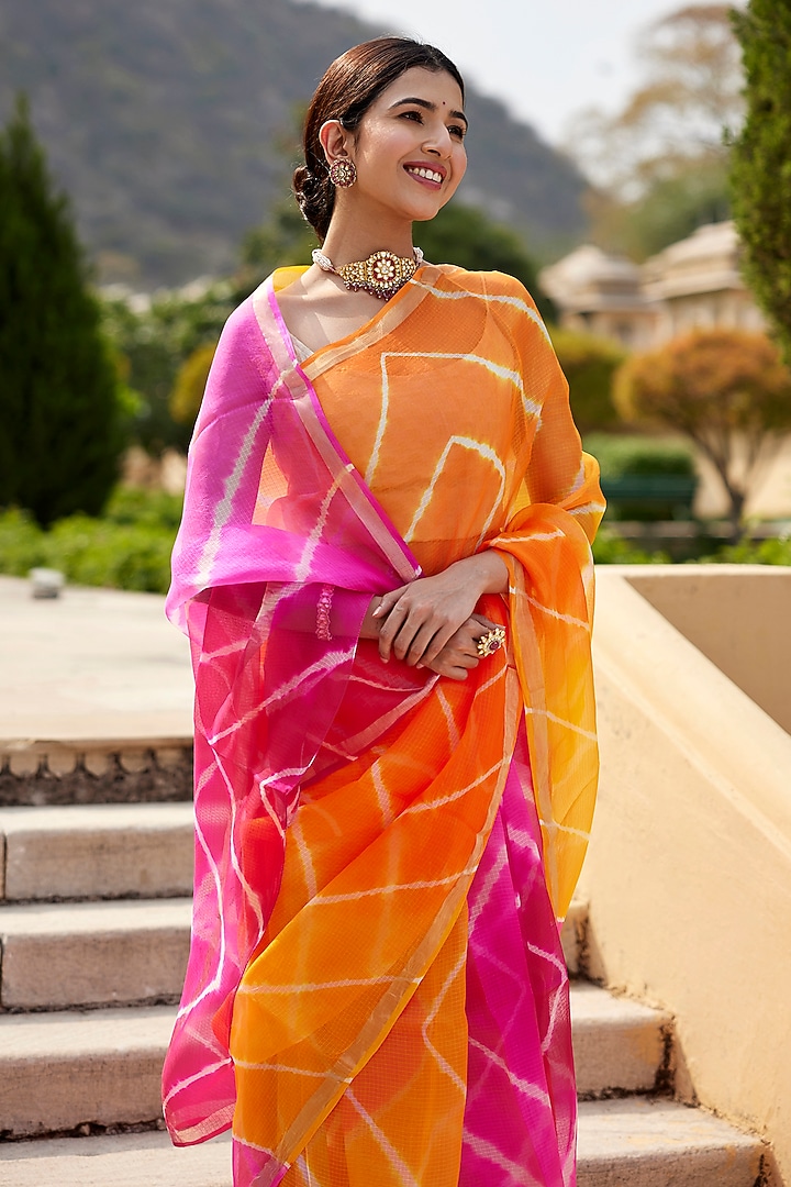 Multi-Colored Kota Silk Leheriya Party Wear Saree Set by Geroo Jaipur at Pernia's Pop Up Shop