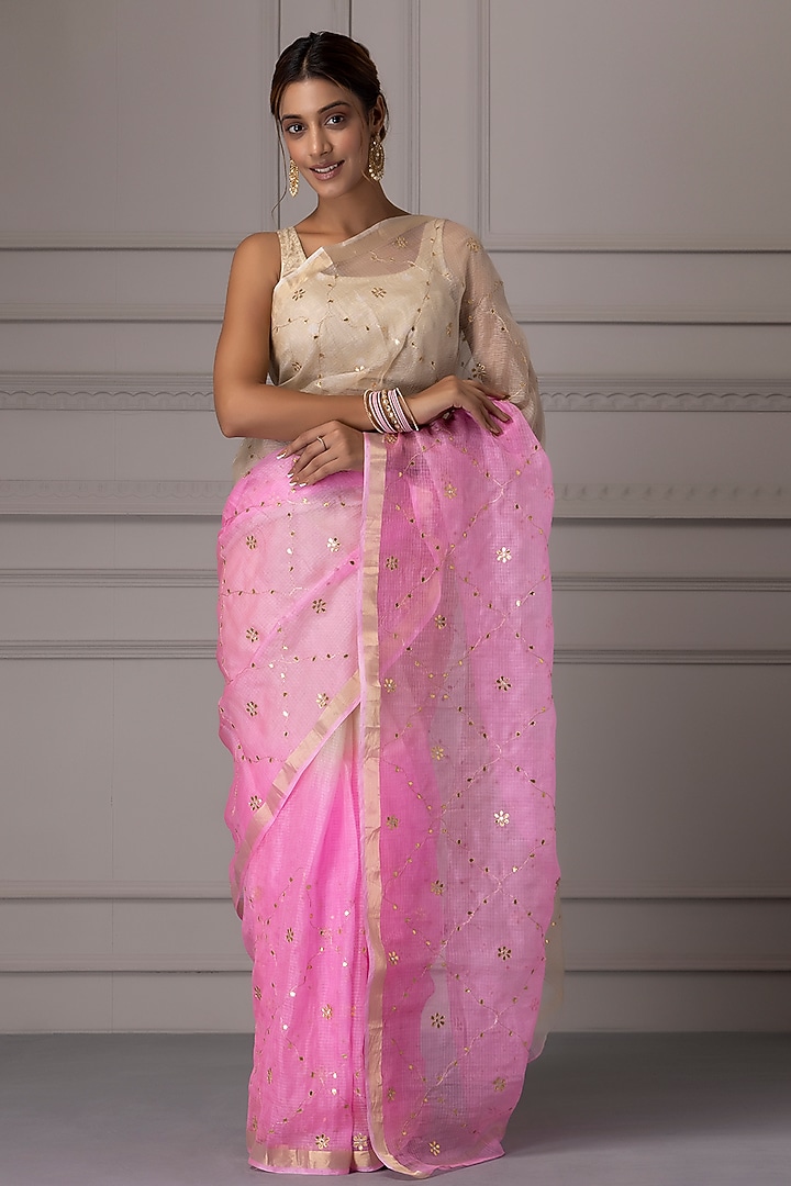 Cream & Pink Shaded Kota Silk Gota Jaal Work Wedding Saree Set by Geroo Jaipur at Pernia's Pop Up Shop