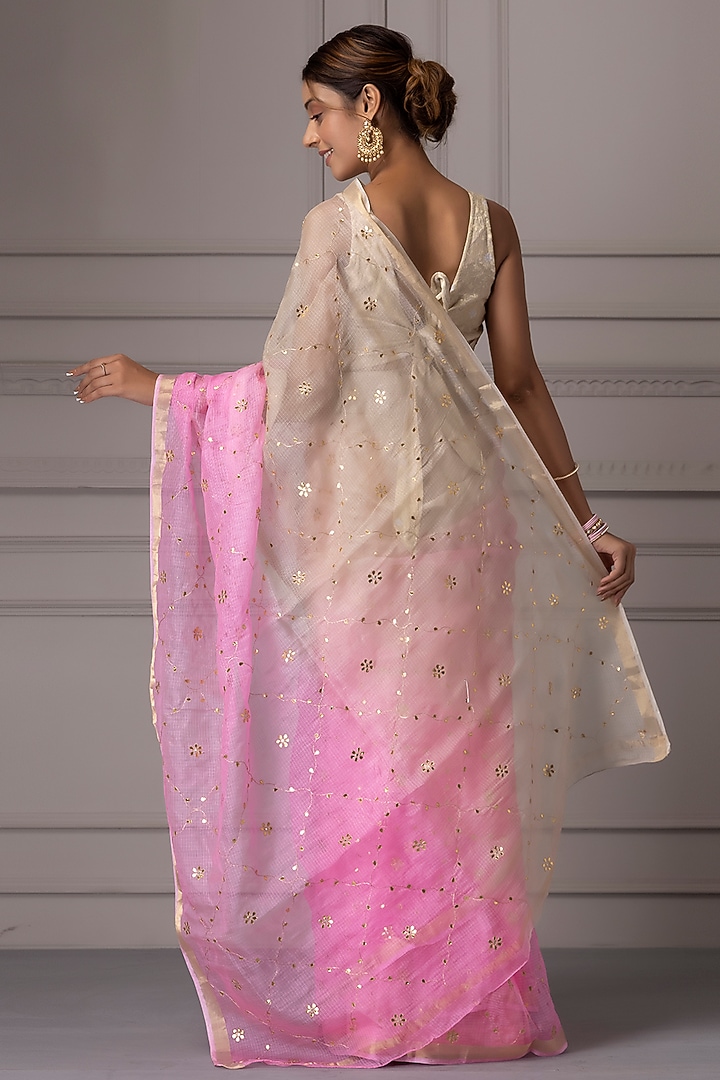 Cream & Pink Shaded Kota Silk Gota Jaal Work Wedding Saree Set by Geroo Jaipur at Pernia's Pop Up Shop
