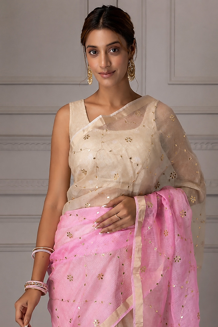 Cream & Pink Shaded Kota Silk Gota Jaal Work Wedding Saree Set by Geroo Jaipur at Pernia's Pop Up Shop