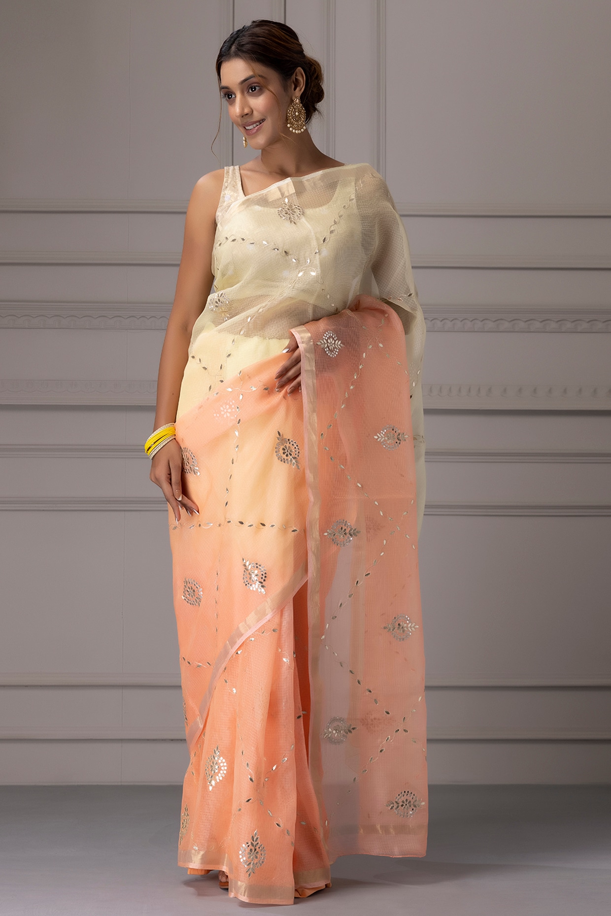 Geroo Jaipur Cream & Peach Shaded Kota Silk Gota Jaal Work Saree Set