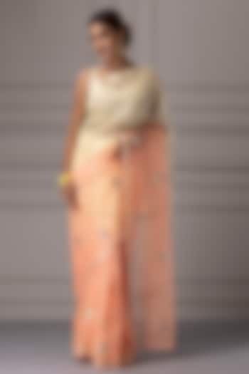 Cream & Peach Shaded Kota Silk Gota Jaal Work Wedding Saree Set by Geroo Jaipur at Pernia's Pop Up Shop