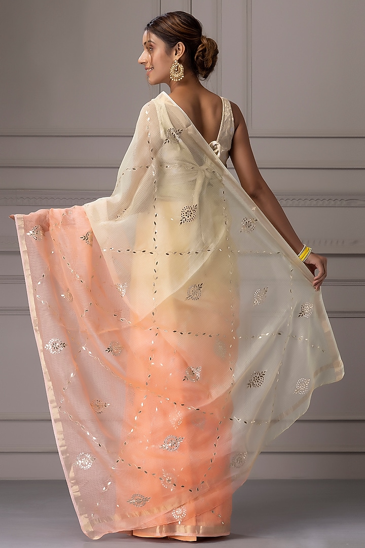 Cream & Peach Shaded Kota Silk Gota Jaal Work Wedding Saree Set by Geroo Jaipur at Pernia's Pop Up Shop