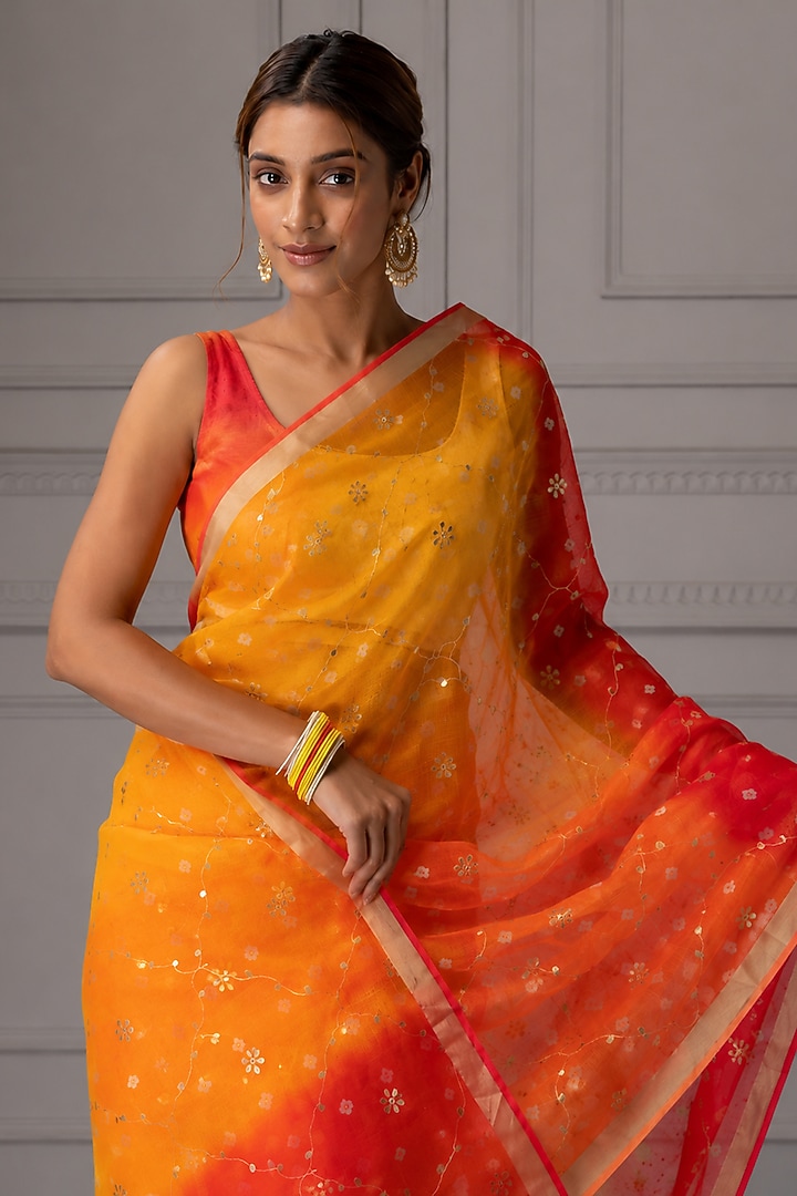 Yellow & Orange Shaded Kota Silk Gota Jaal Work Wedding Saree Set by Geroo Jaipur at Pernia's Pop Up Shop