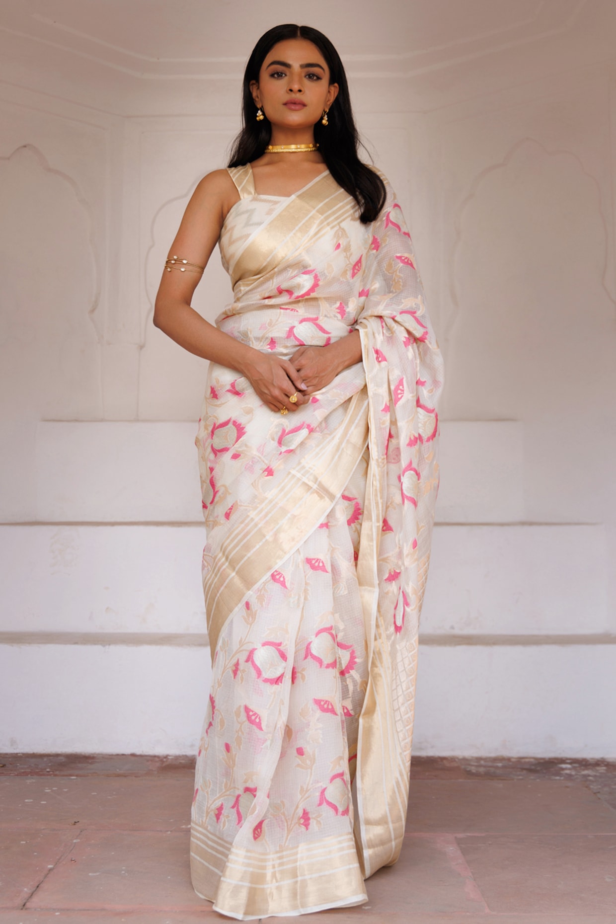 Geroo Jaipur Off-White Kota Silk Gota Zari Work Saree Set