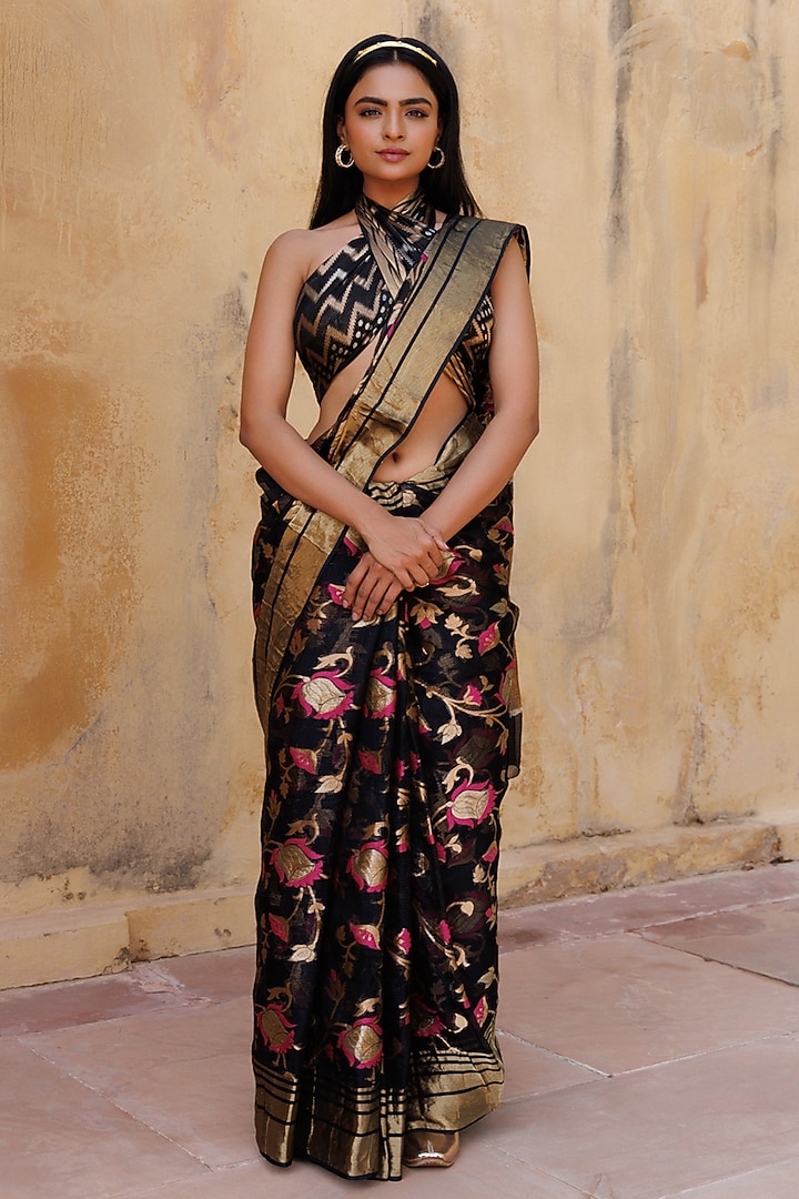 Black Kota Silk Zari Work Handwoven Wedding Saree Set by Geroo Jaipur at Pernia's Pop Up Shop