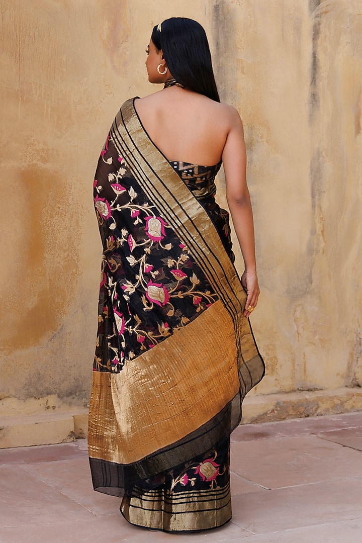 Black Kota Silk Zari Work Handwoven Wedding Saree Set by Geroo Jaipur at Pernia's Pop Up Shop