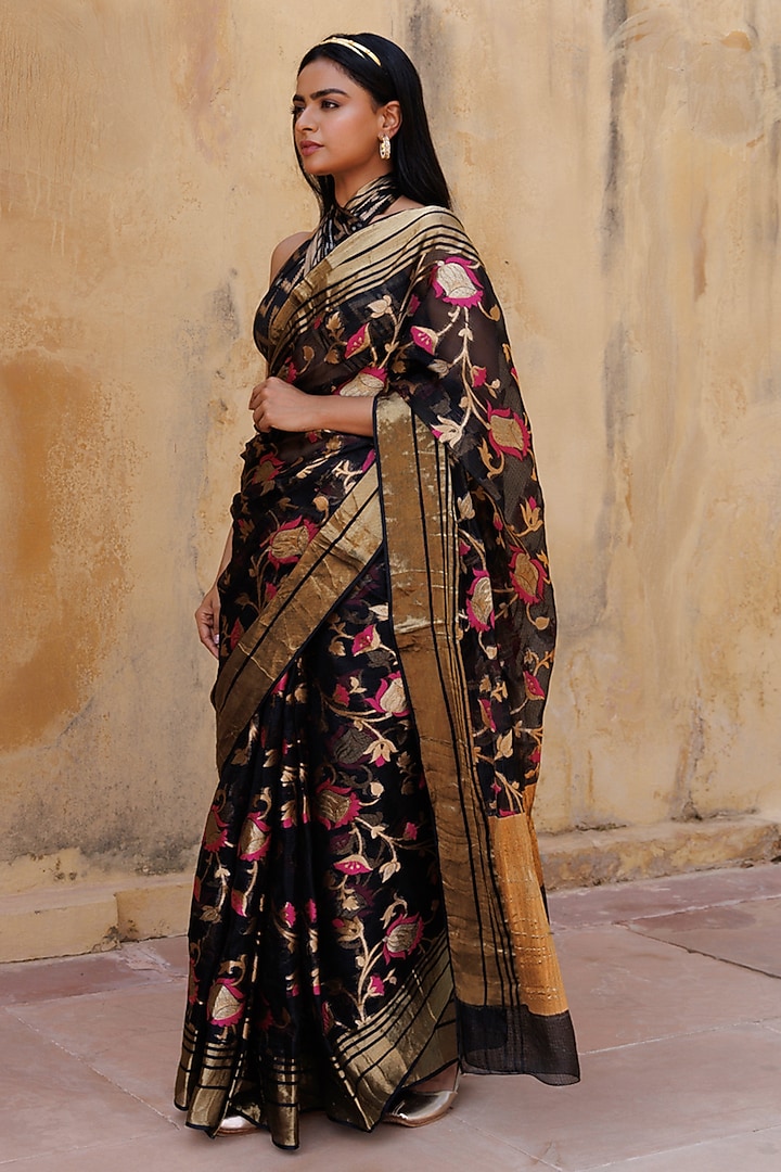 Black Kota Silk Zari Work Handwoven Wedding Saree Set by Geroo Jaipur at Pernia's Pop Up Shop