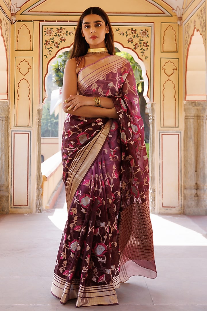 Wine Shaded Kota Silk Zari Work Handwoven Wedding Saree Set by Geroo Jaipur at Pernia's Pop Up Shop