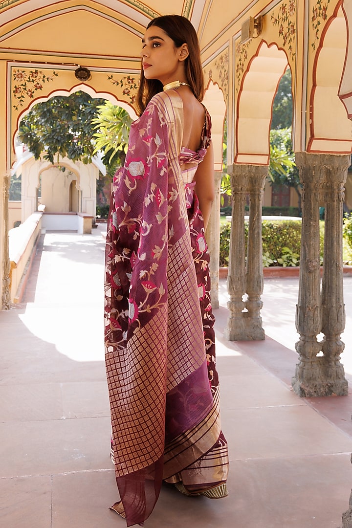 Wine Shaded Kota Silk Zari Work Handwoven Wedding Saree Set by Geroo Jaipur at Pernia's Pop Up Shop