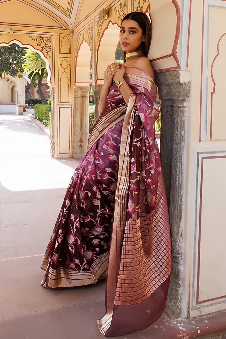 Wine Shaded Kota Silk Zari Work Handwoven Wedding Saree Set by Geroo Jaipur at Pernia's Pop Up Shop